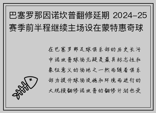巴塞罗那因诺坎普翻修延期 2024-25赛季前半程继续主场设在蒙特惠奇球场
